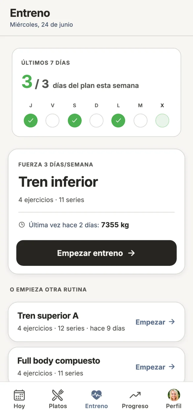 App del cliente: entreno del día