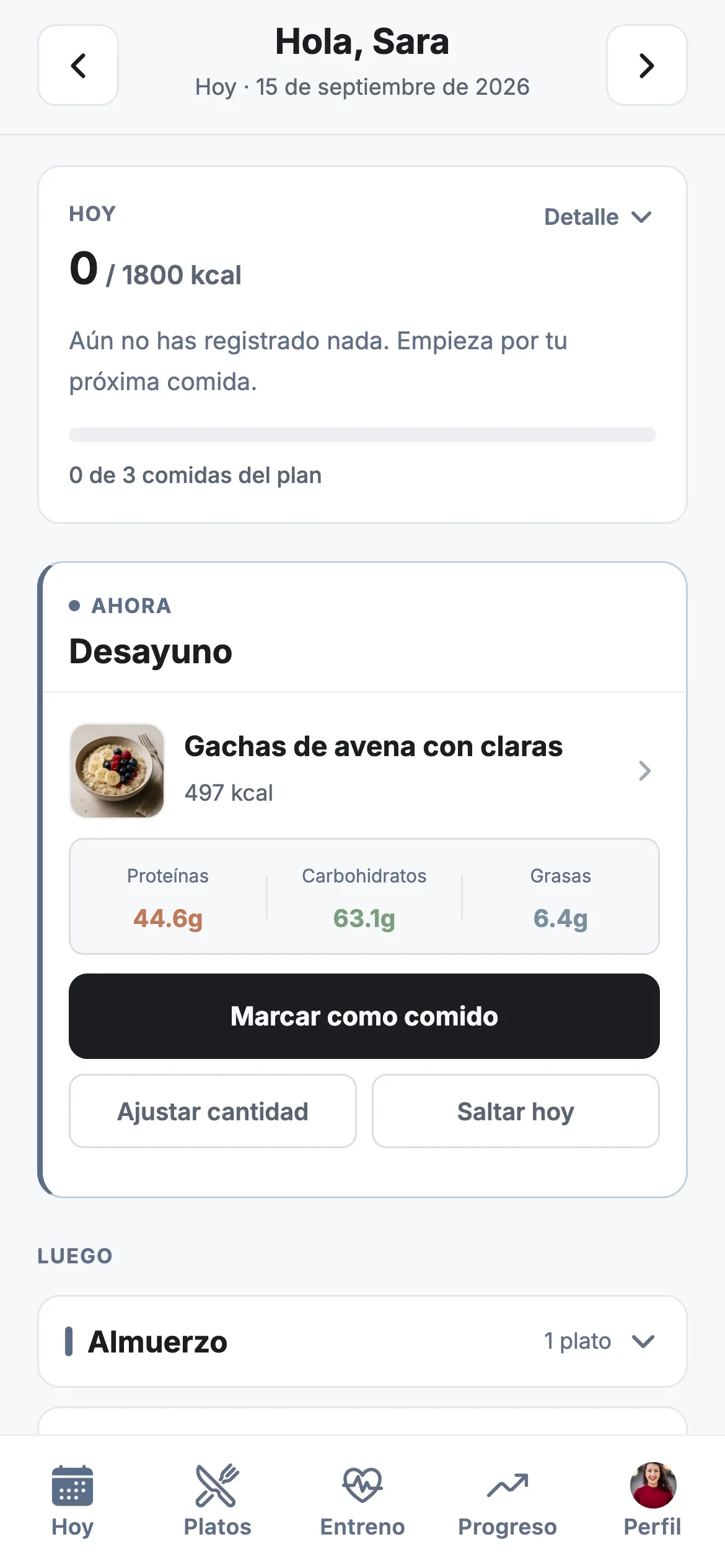 App del cliente: la comida que toca ahora, con foto