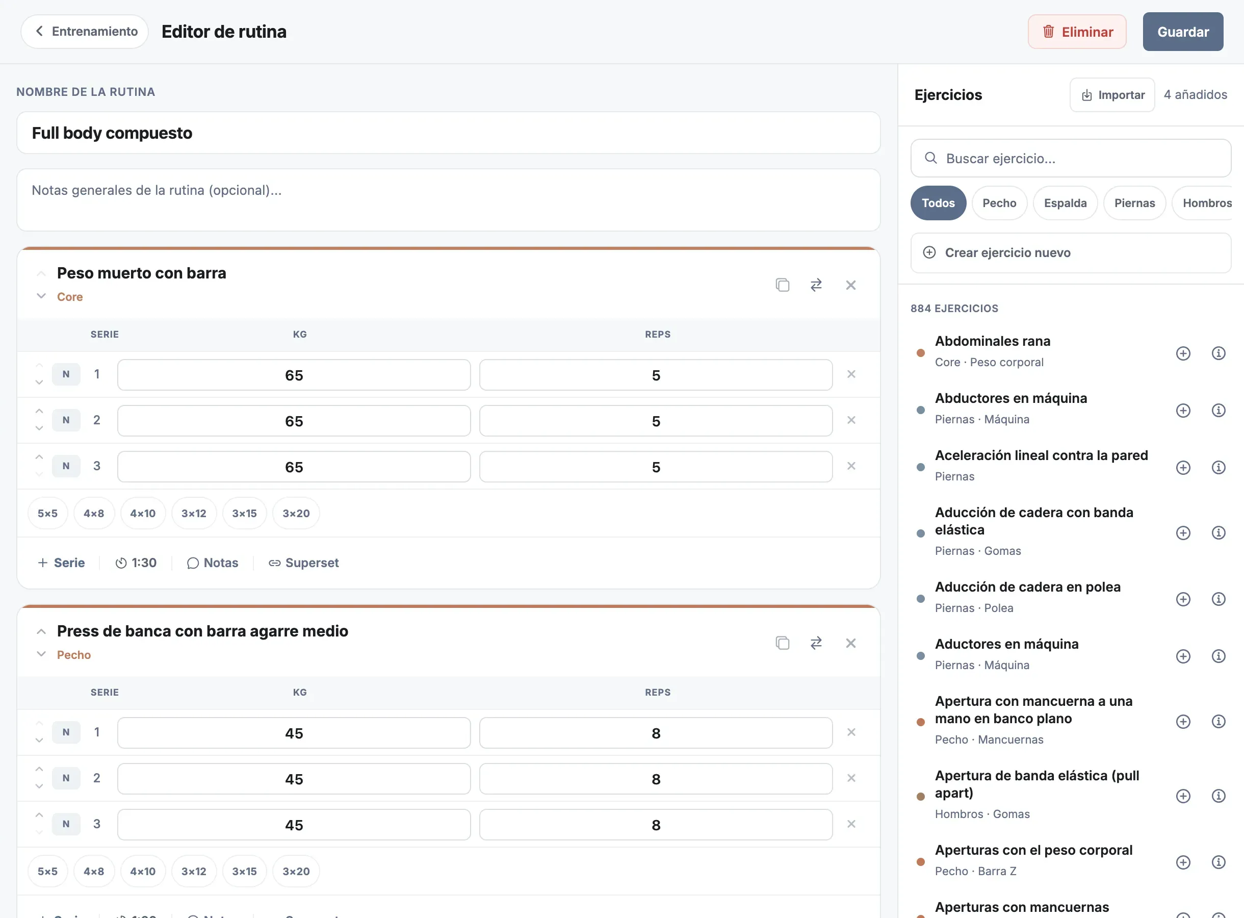 Editor de rutina: cada ejercicio con sus series, repeticiones y cargas